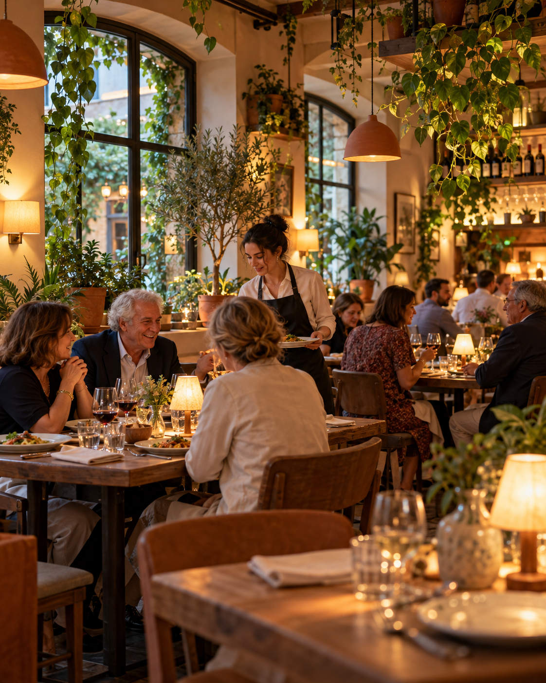 Ospiti e personale in un ristorante con piante e luci calde